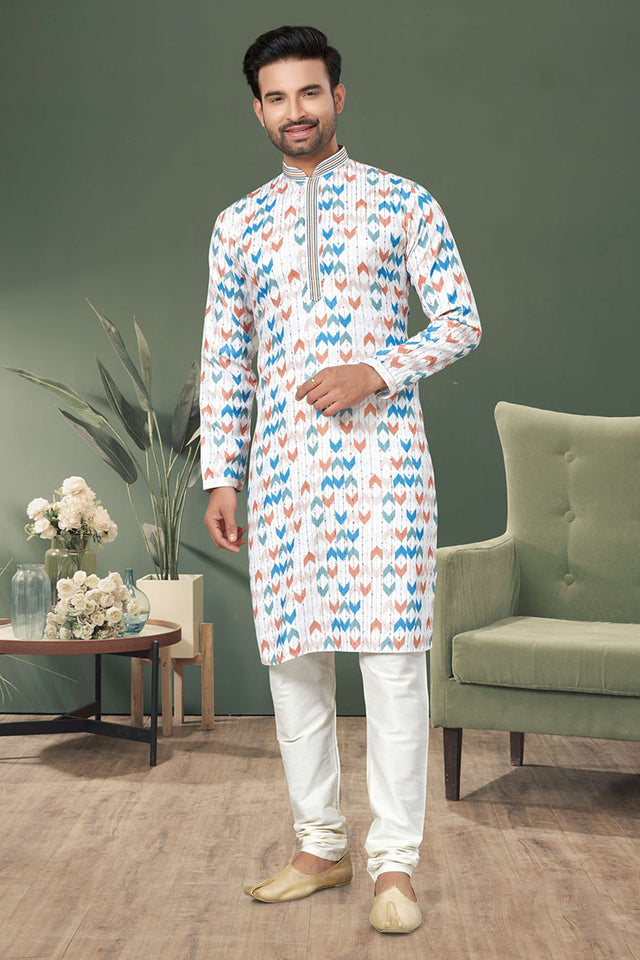 Multi-Color Printed Cotton Kurta Pyjama Set