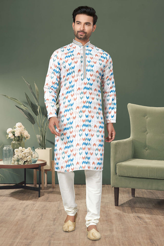 Multi-Color Printed Cotton Kurta Pyjama Set