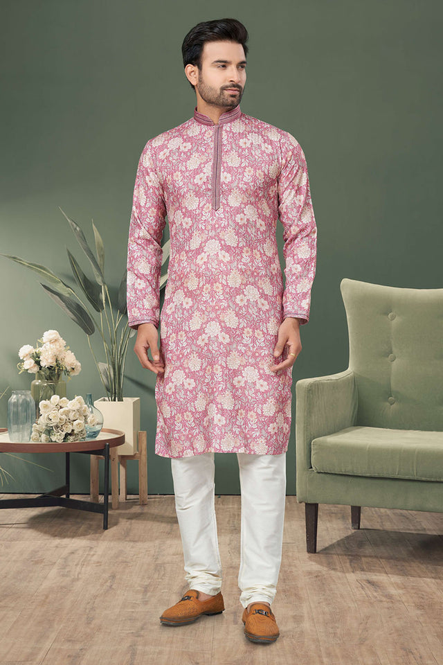 Pink Printed Cotton Kurta Pyjama Set