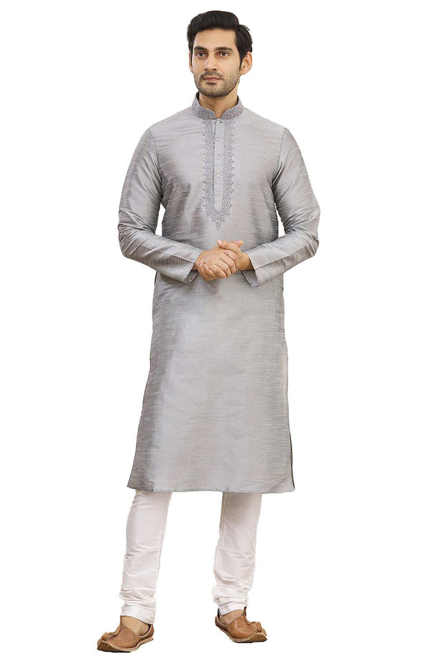 Men's Grey Cotton Embroidered Full Sleeve Kurta Churidar - 46