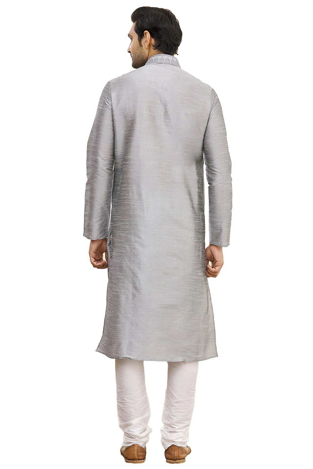 Men's Grey Cotton Embroidered Full Sleeve Kurta Churidar - 46