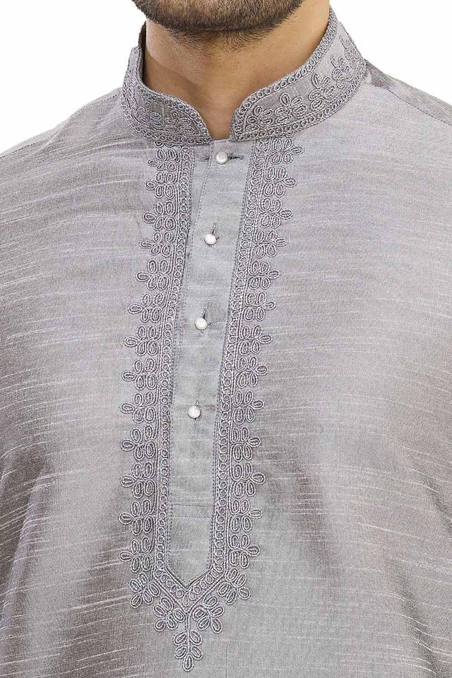 Men's Grey Cotton Embroidered Full Sleeve Kurta Churidar - 46