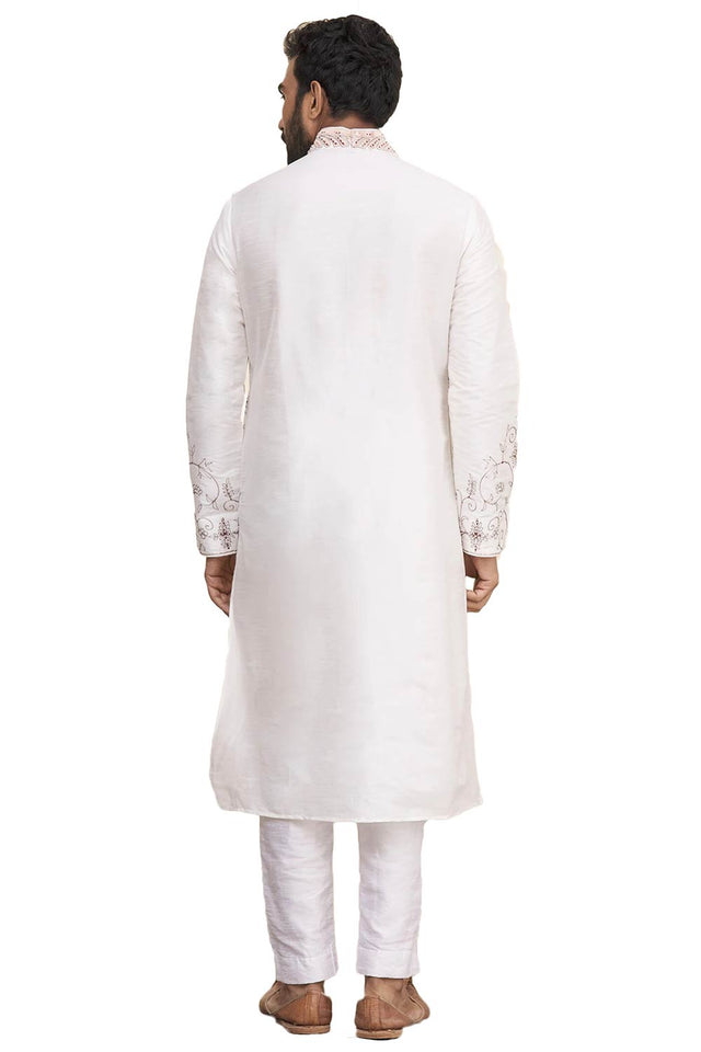 Men's Off White Silk Embroidered Full Sleeve Kurta Churidar - 40