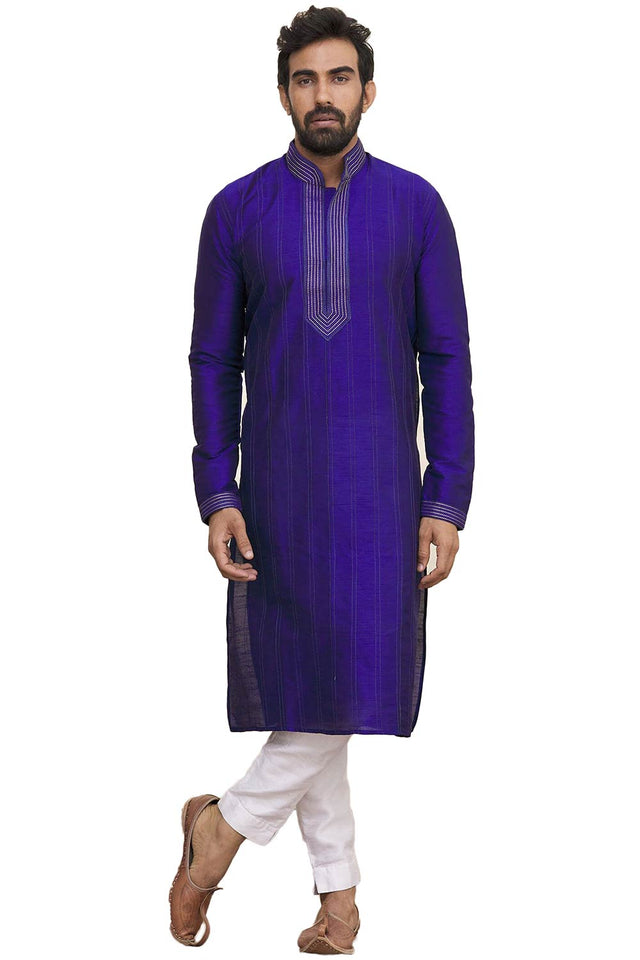 Men's Royal Blue Silk Embroidered Full Sleeve Kurta Churidar