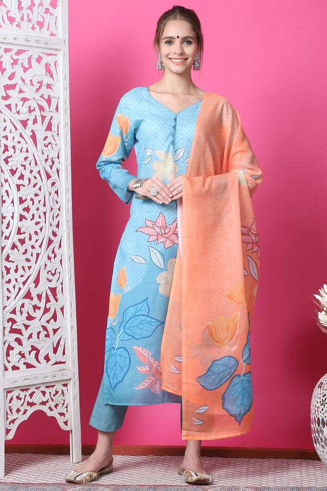 Sky Blue Cotton Digital Printed Kurti Pant Set