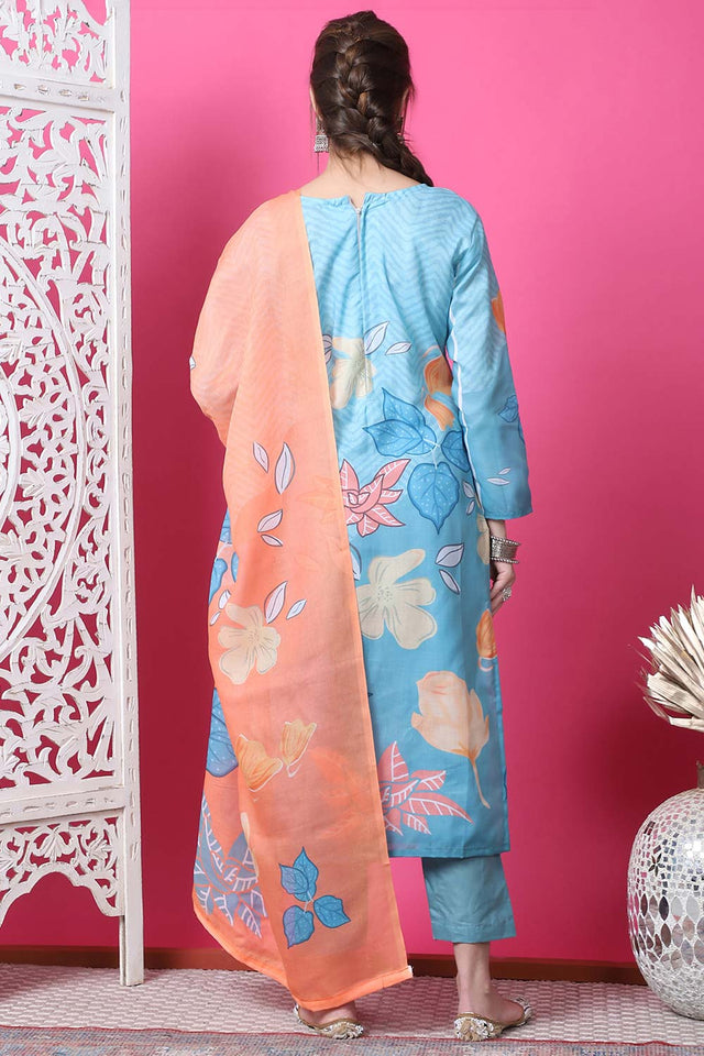 Sky Blue Cotton Digital Printed Kurti Pant Set