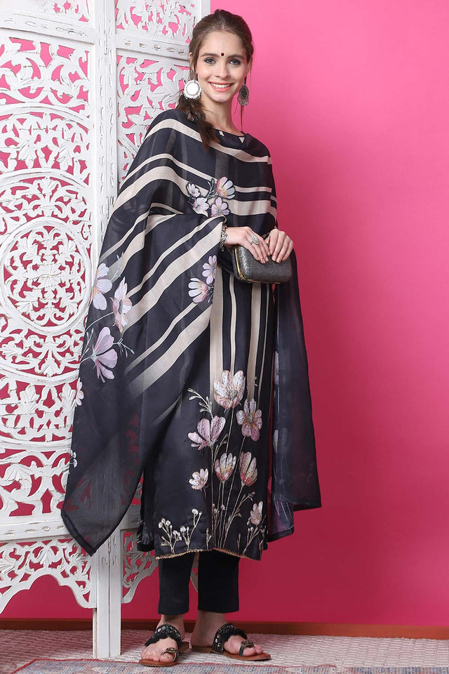 Black Cotton Digital Printed Kurti Pant Set