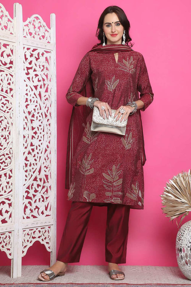 Maroon Muslin Digital Printed Kurti Pant Set