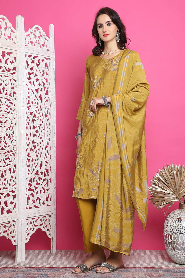 Mustard Muslin Digital Printed Kurti Pant Set
