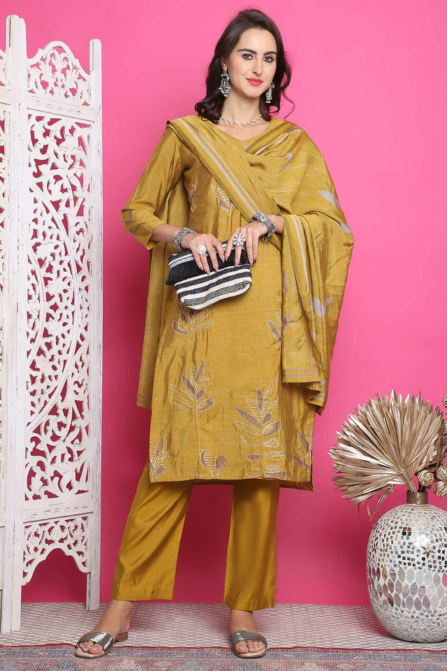 Mustard Muslin Digital Printed Kurti Pant Set