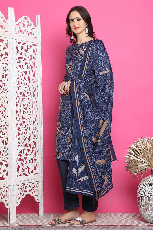 Navy Blue Muslin Digital Printed Kurti Pant Set
