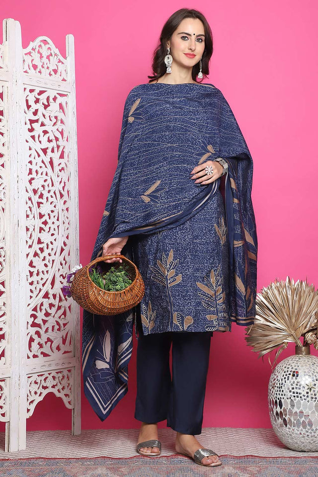 Navy Blue Muslin Digital Printed Kurti Pant Set