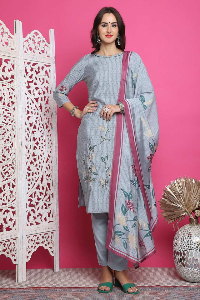Grey Muslin Digital Printed Kurti Pant Set