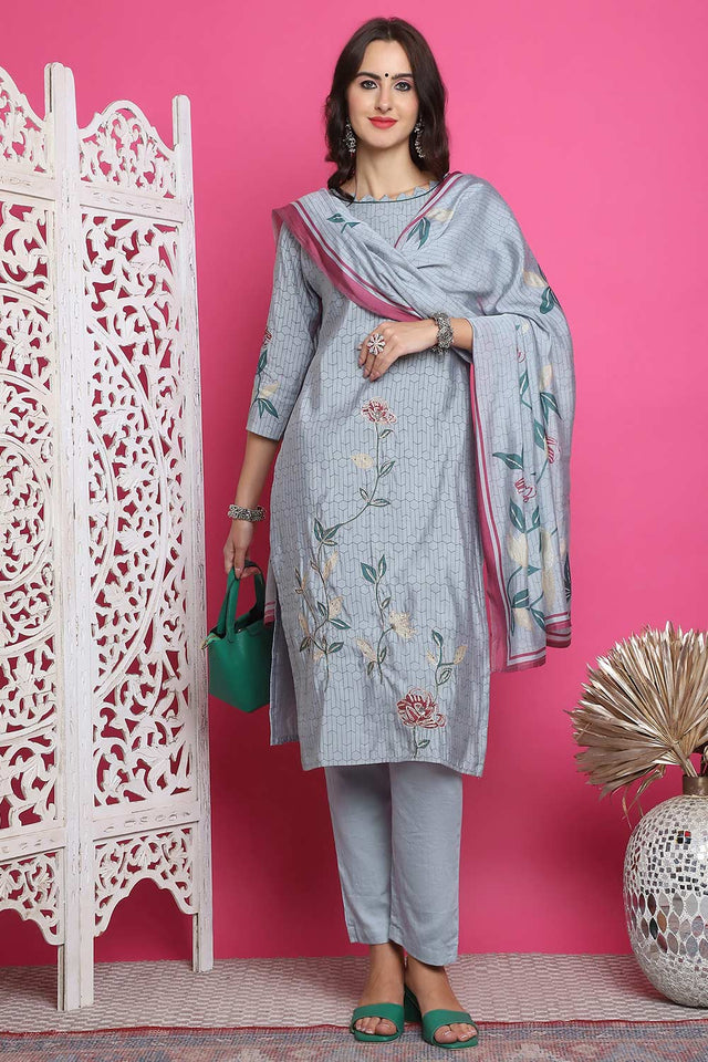 Grey Muslin Digital Printed Kurti Pant Set