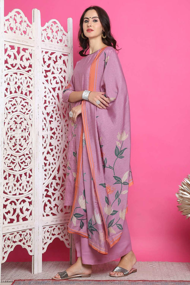 Purple Muslin Digital Printed Kurti Pant Set