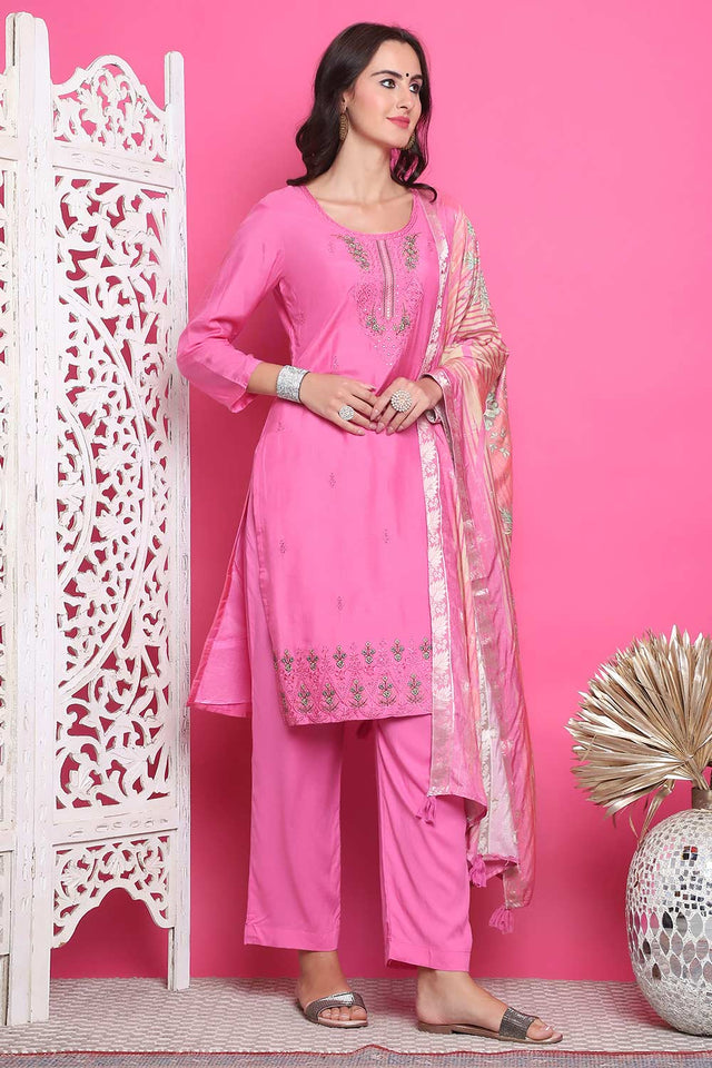 Pink Muslin Embroidered Kurti Pant Set