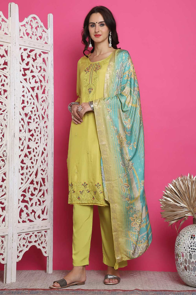 Lemon Yellow Muslin Embroidered Kurti Pant Set