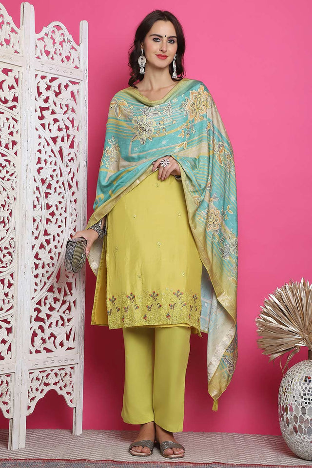 Lemon Yellow Muslin Embroidered Kurti Pant Set