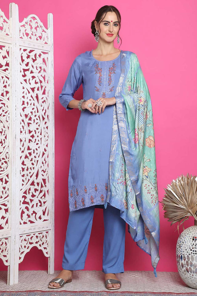 Blue Muslin Embroidered Kurti Pant Set