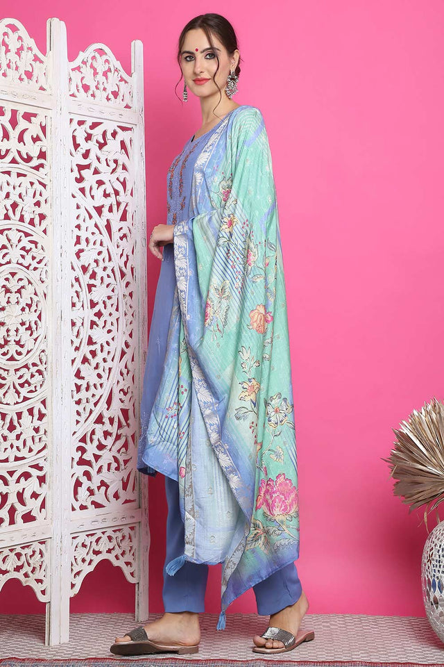 Blue Muslin Embroidered Kurti Pant Set