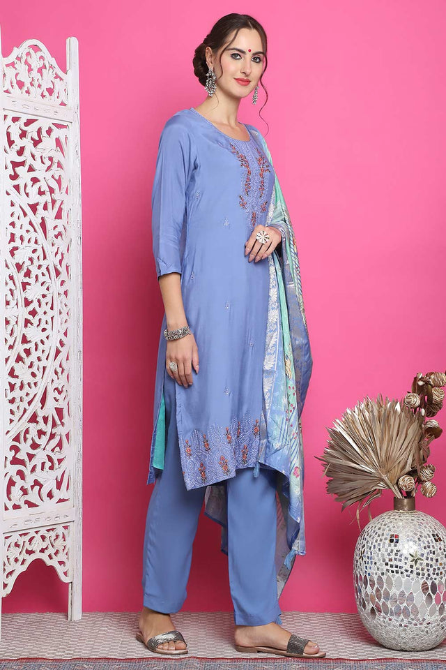 Blue Muslin Embroidered Kurti Pant Set