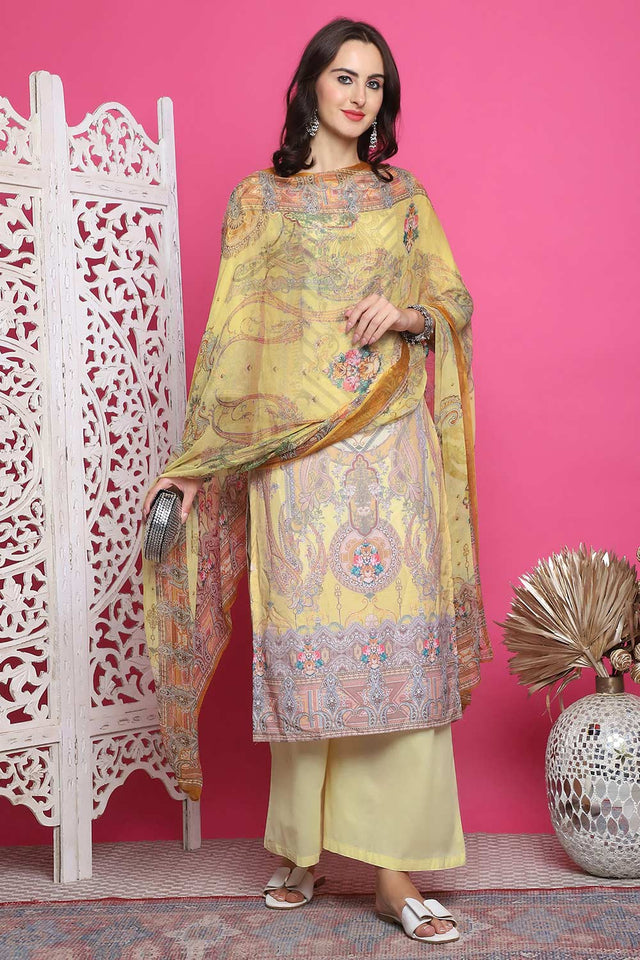 Yellow Satin Digital Printed Palazzo Suit Set