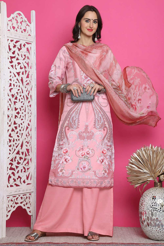 Pink Satin Digital Printed Palazzo Suit Set