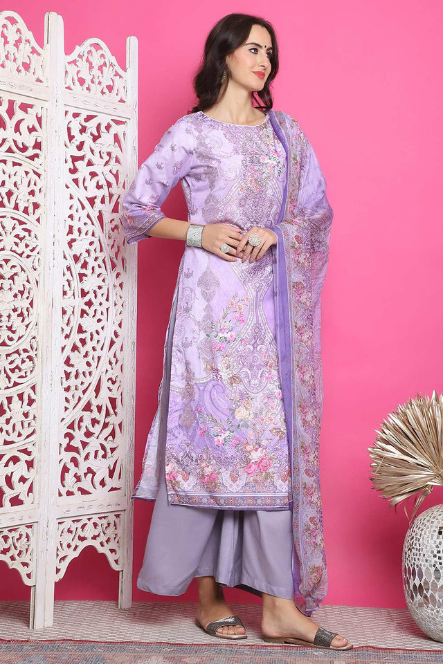 Lavender Satin Digital Printed Palazzo Suit Set