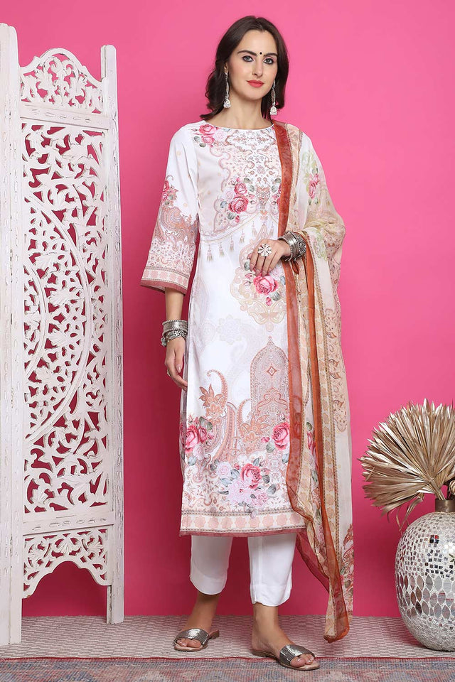 Cream Satin Digital Printed Kurti Pant Set