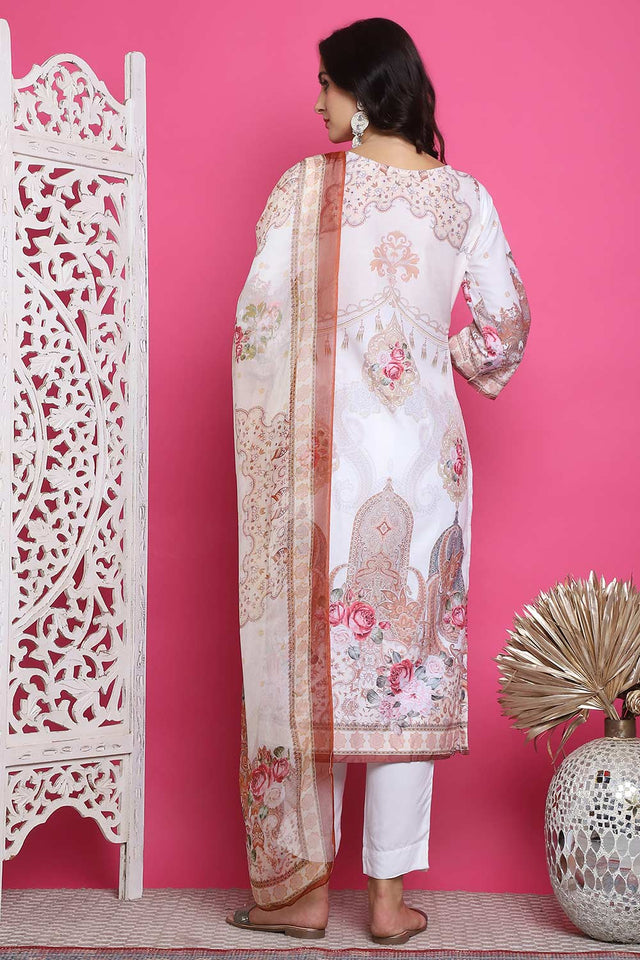 Cream Satin Digital Printed Kurti Pant Set