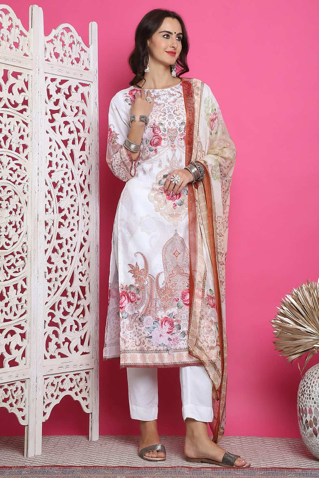 Cream Satin Digital Printed Kurti Pant Set