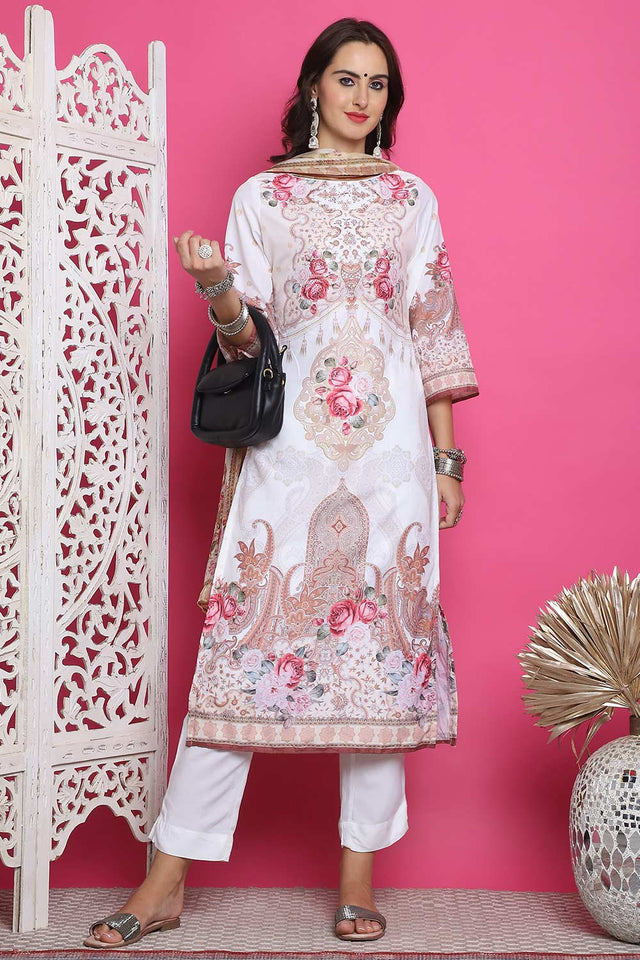 Cream Satin Digital Printed Kurti Pant Set