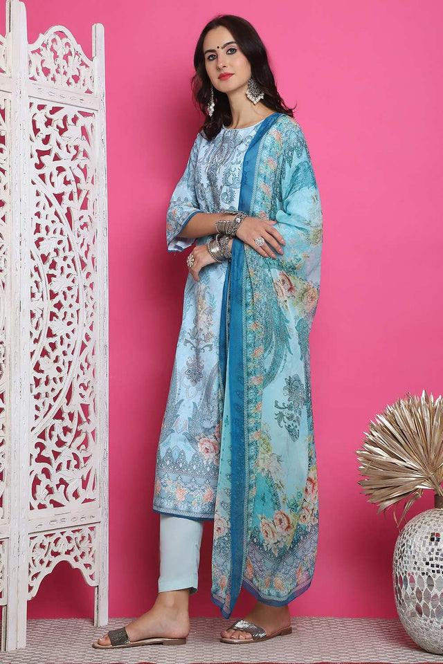 Turquoise Satin Digital Printed Kurti Pant Set