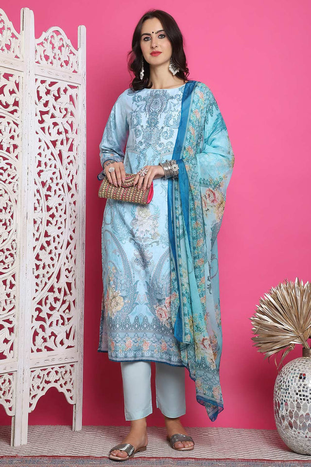 Turquoise Satin Digital Printed Kurti Pant Set