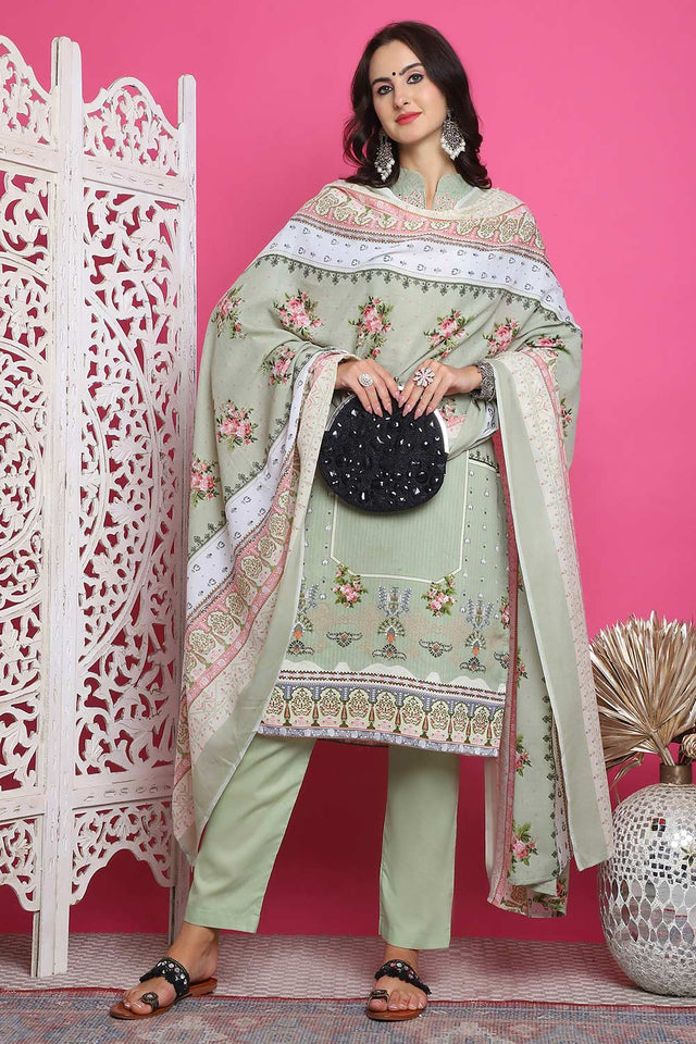 Green Cotton Digital Printed Kurti Pant Set