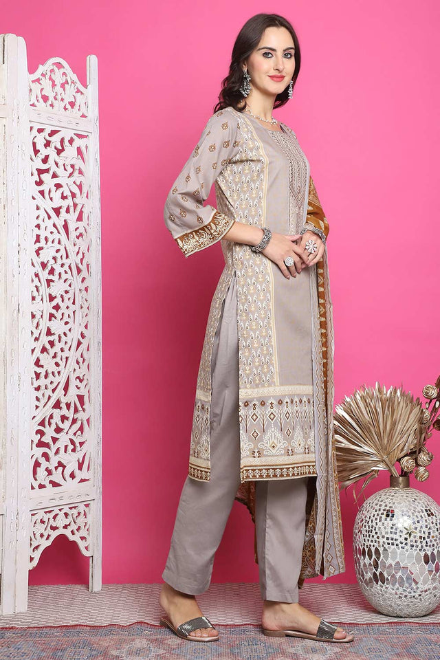 Grey Cotton Digital Printed Kurti Pant Set