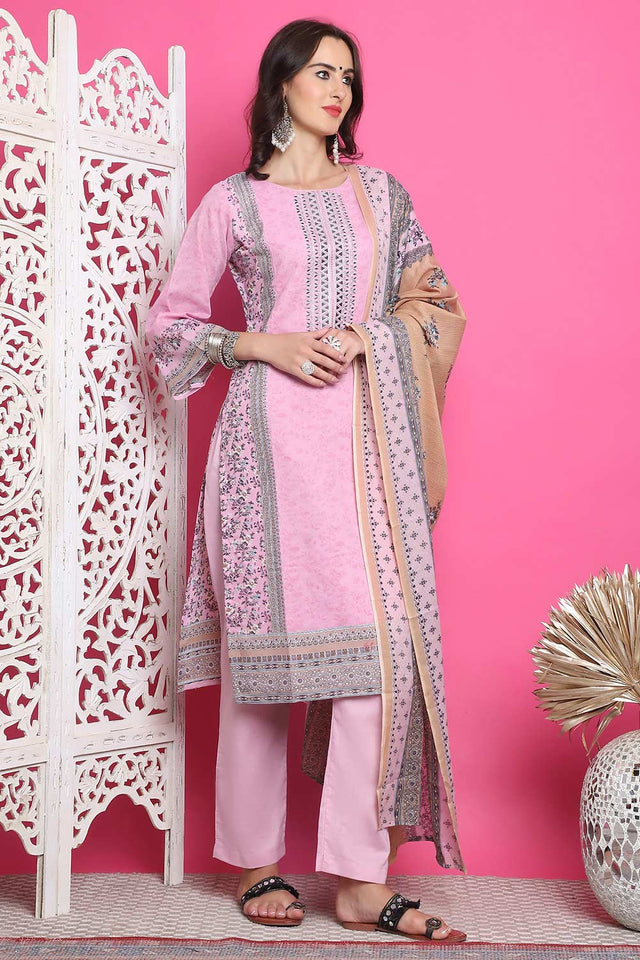 Pink Cotton Digital Printed Kurti Pant Set