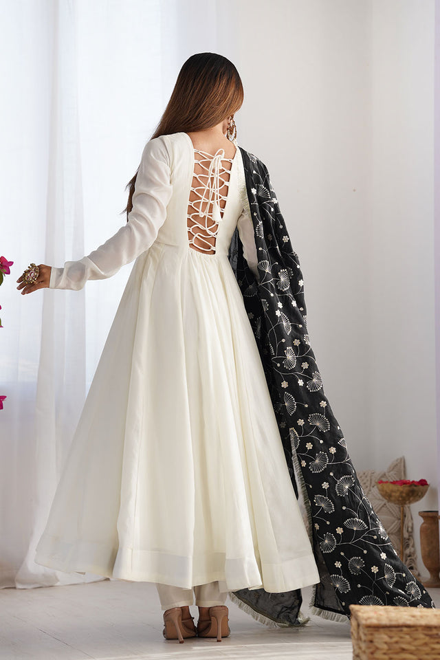 White Solid Silk Anarkali Gown Set