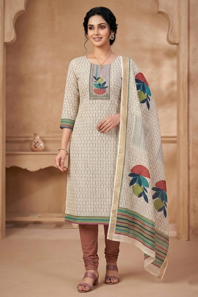 Free Size Stitched Beige Printed Linen Kurti Pant Set (4661)