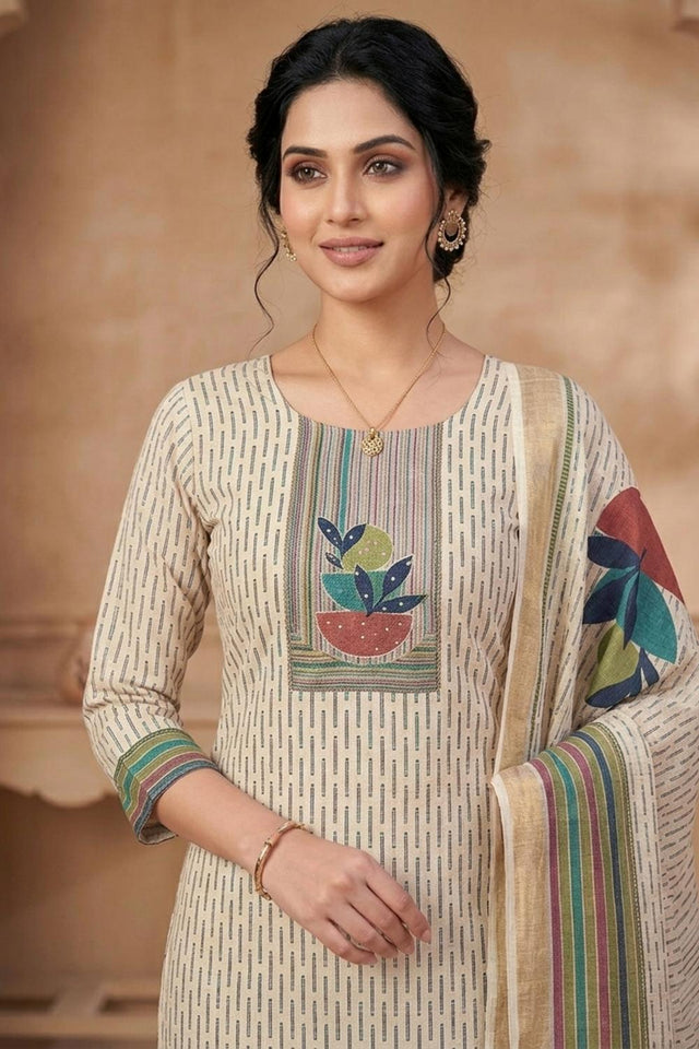 Free Size Stitched Beige Printed Linen Kurti Pant Set (4661)