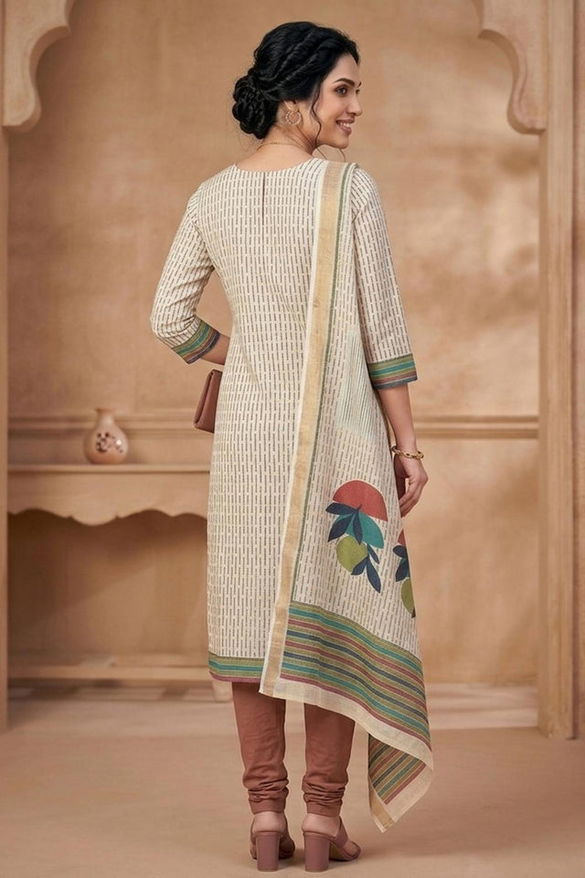 Free Size Stitched Beige Printed Linen Kurti Pant Set (4661)