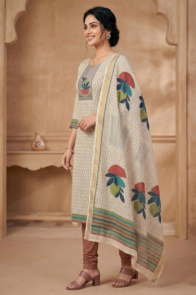 Free Size Stitched Beige Printed Linen Kurti Pant Set (4661)