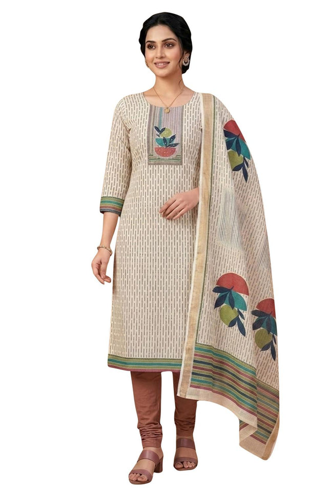 Free Size Stitched Beige Printed Linen Kurti Pant Set (4661)