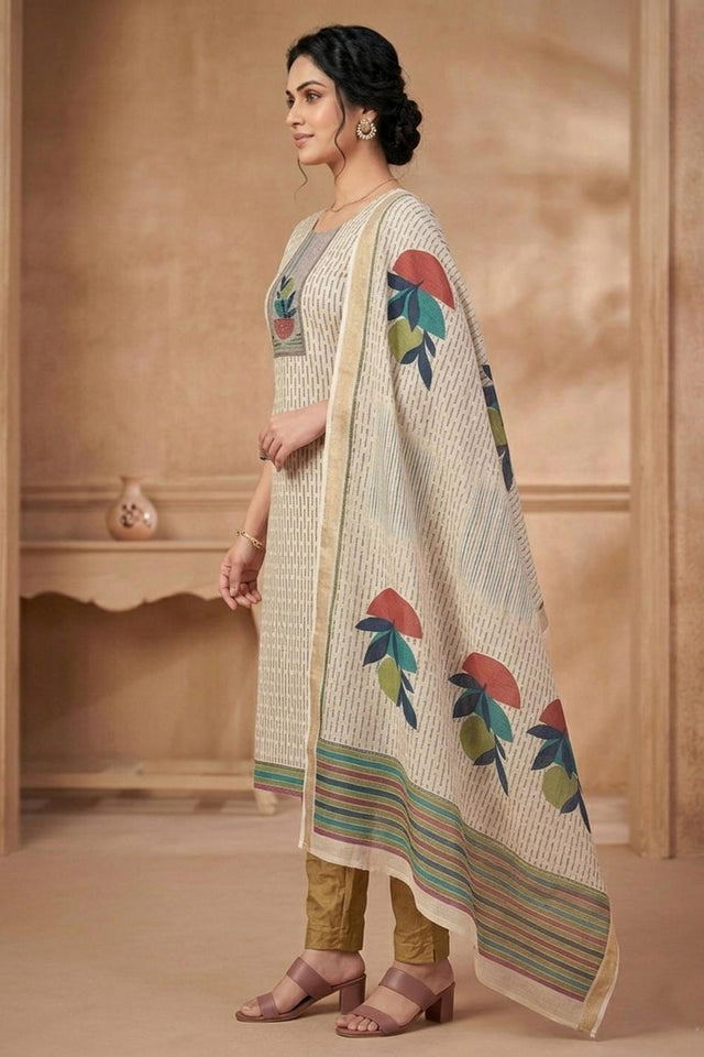Free Size Stitched Beige Printed Linen Kurti Pant Set (4662)