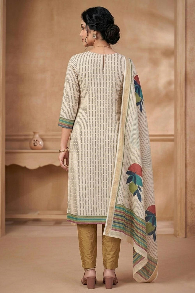 Free Size Stitched Beige Printed Linen Kurti Pant Set (4662)