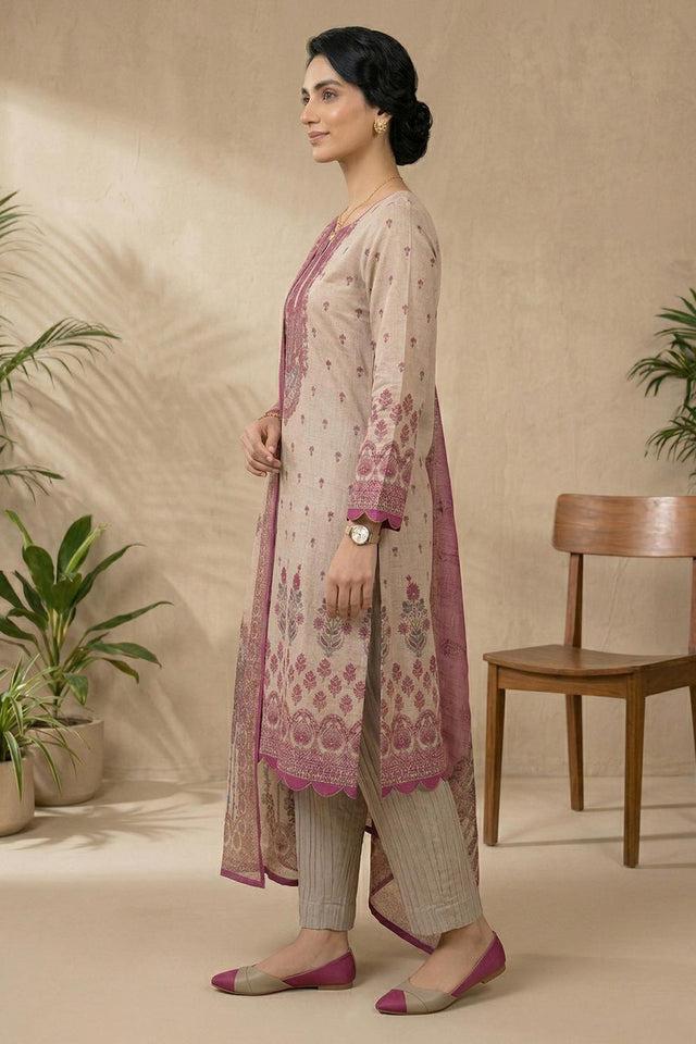 Free Size Stitched Pink Floral Printed Linen Kurti Pant Set (4665)