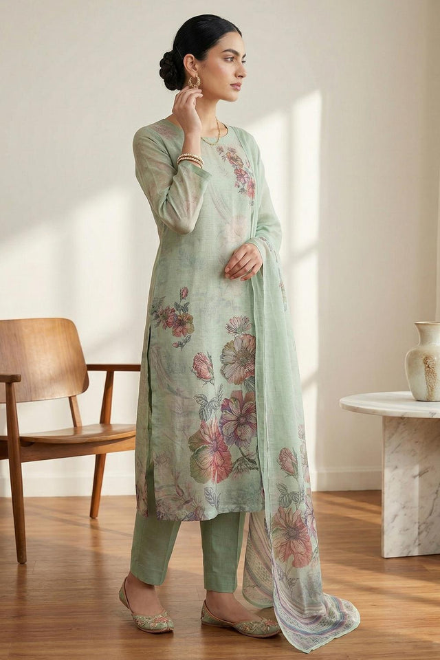 Free Size Stitched Green Floral Printed Linen Kurti Pant Set (4670)