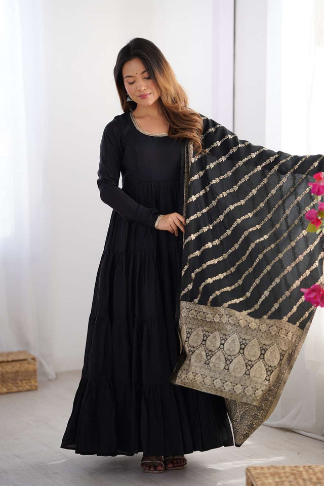 Black Solid Chanderi Anarkali Suit Set