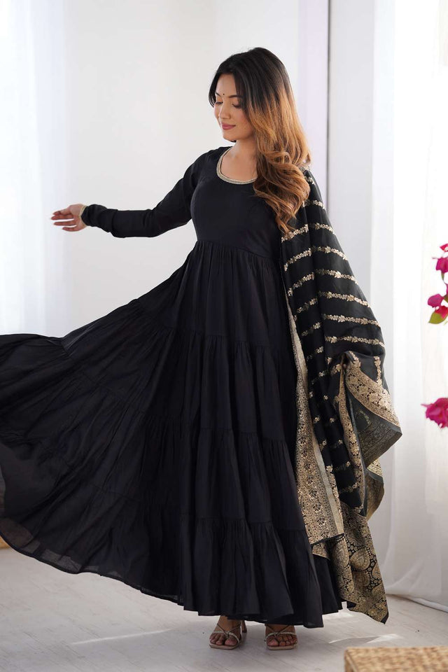 Black Solid Chanderi Anarkali Suit Set