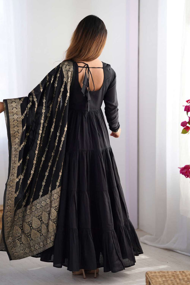 Black Solid Chanderi Anarkali Suit Set